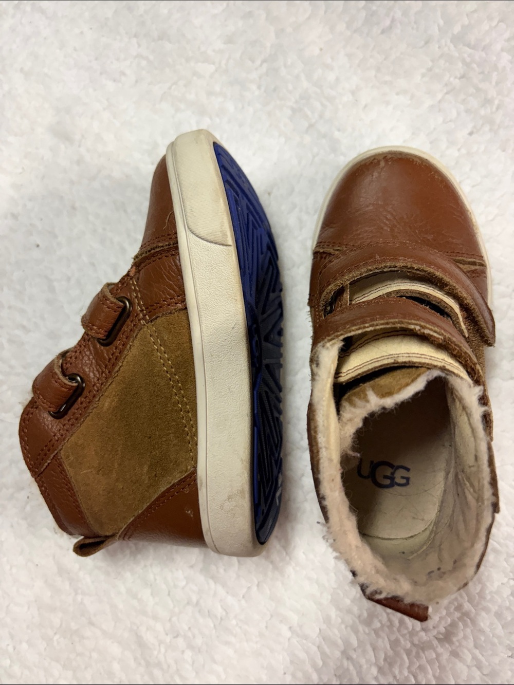 UGG size 8 Kids Brown & Tan Leather Suede Velcro Boots with Blue Tread